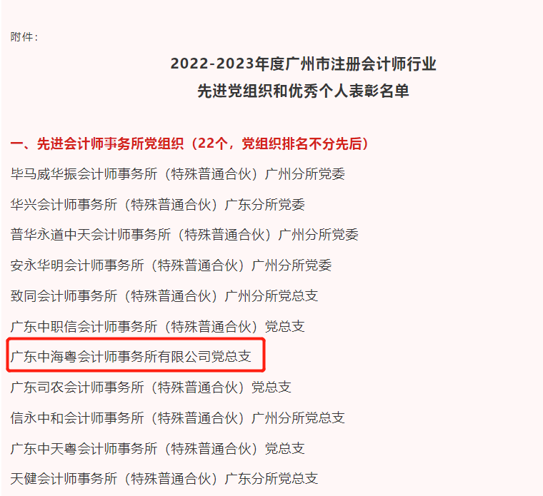 喜報丨廣東中海粵會計師事務所黨總支和(hé)一批先進個(gè)人(rén)榮獲“先進黨組織”、“優秀個(gè)人(rén)”稱号 喜報丨廣東中海粵會計師事務所黨總支和(hé)一批先進個(gè)人(rén)榮獲“先進黨組織”、“優秀個(gè)人(rén)”稱号